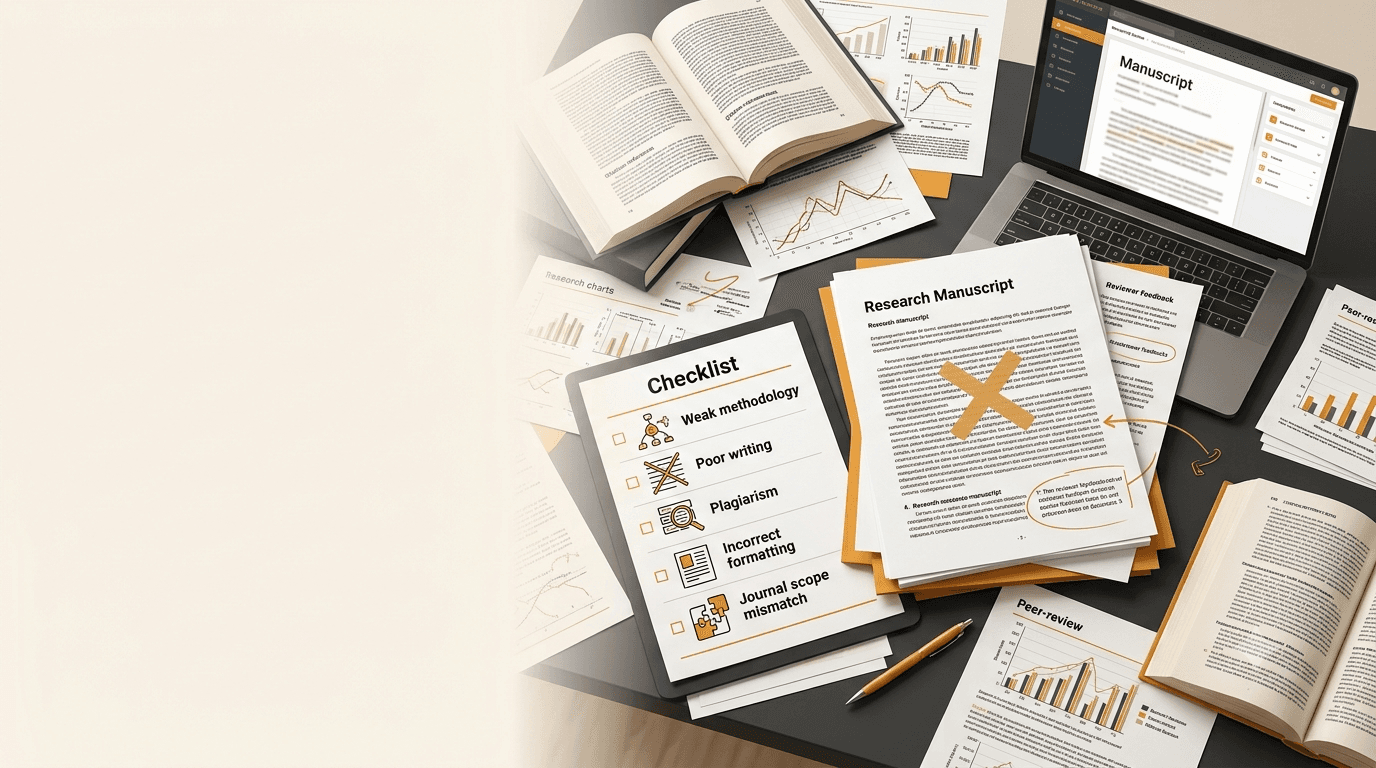 Web of Science research paper rejection concept with academic manuscript and reviewer feedback on a desk.